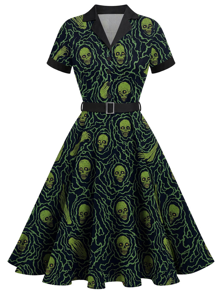 [Prévente] Robe évasée verte et noire d’Halloween à squelettes années 1950