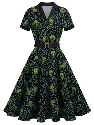 [Prévente] Robe évasée verte et noire d’Halloween à squelettes années 1950