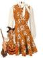 [Prévente] Robe marron boutons motifs fantômes d'Halloween et nœud papillon fleurs années 60