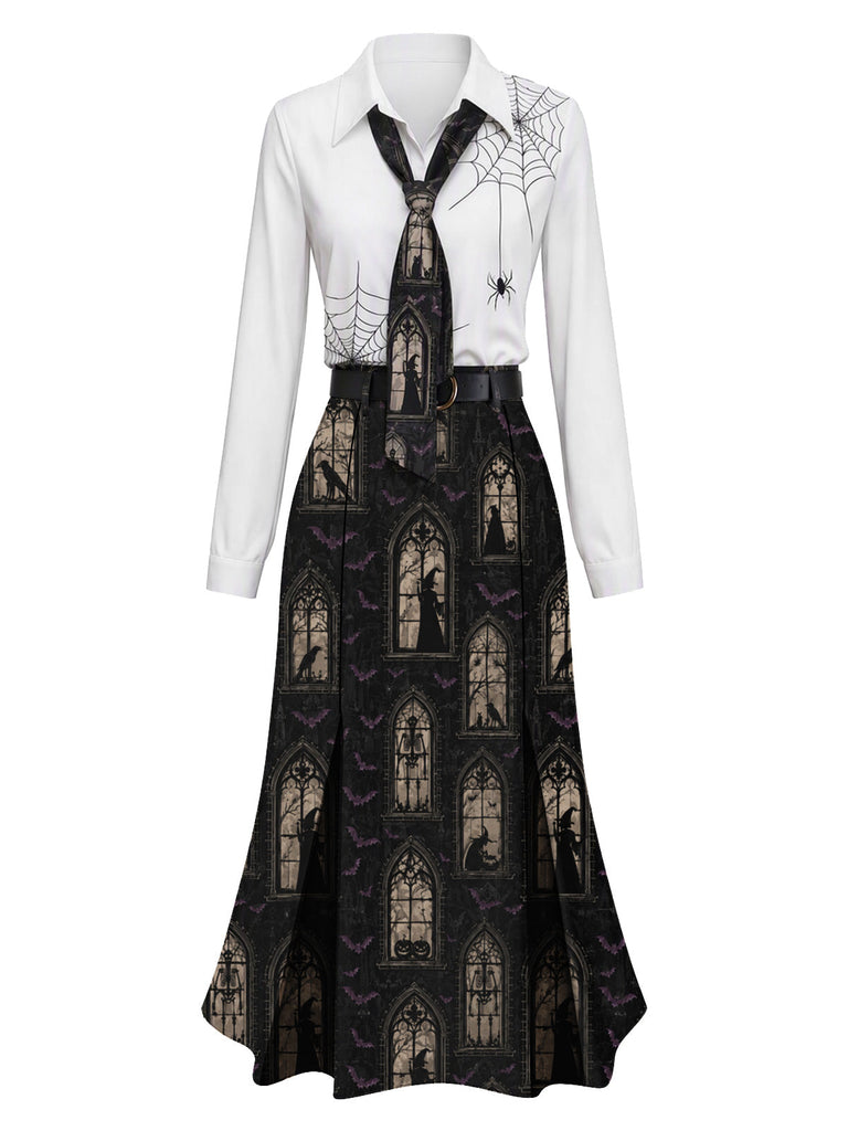 [Prévente] Robe noire d’Halloween à toiles d’araignée et château de sorcière années 1930