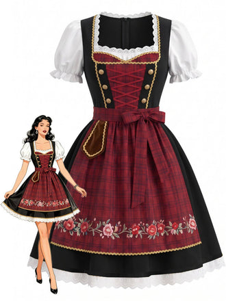 Robe bouffante rouge vin dentelle florale encolure carrée et tablier années 1950