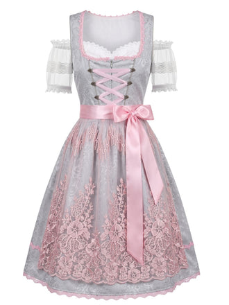 Ensemble 3PCS top court en dentelle, robe rose et tablier floral années 1950