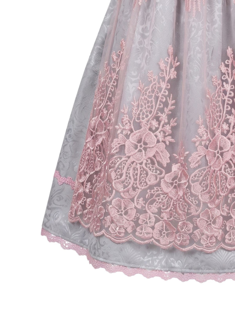 Ensemble 3PCS top court en dentelle, robe rose et tablier floral années 1950