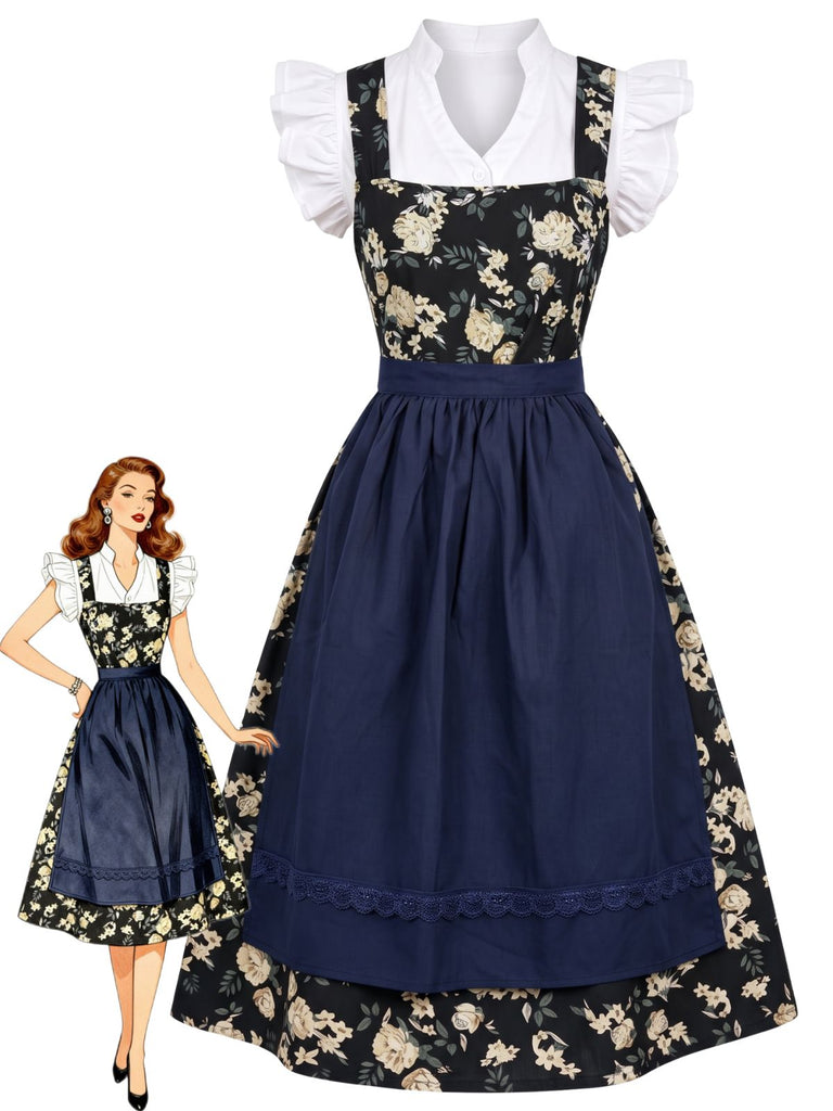 Ensemble 3PCS top court à manches volantées, robe florale et tablier années 1950