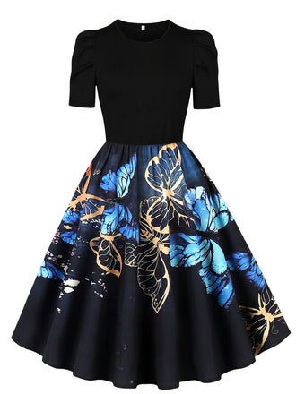Robe trapèze noire à imprimé papillons et manches bouffantes années 1940 - 1