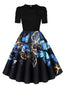 Robe trapèze noire à imprimé papillons et manches bouffantes années 1940