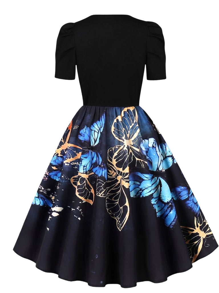 Robe trapèze noire à imprimé papillons et manches bouffantes années 1940 - 2