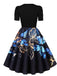 Robe trapèze noire à imprimé papillons et manches bouffantes années 1940 - 2