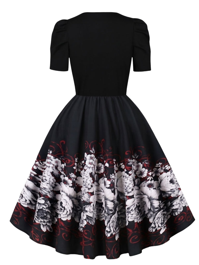 Robe trapèze noire à imprimé papillons et manches bouffantes années 1940 - 3