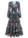 Robe longue florale à étages, col V et manches longues Années 1930 - 1