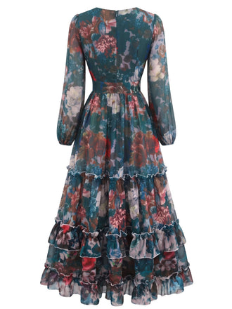 Robe longue florale à étages, col V et manches longues Années 1930 - 2
