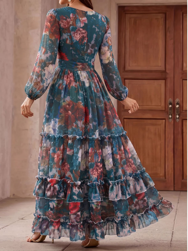 Robe longue florale à étages, col V et manches longues Années 1930 - 4