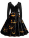 Robe évasée d’Halloween à citrouilles et chauves-souris, col festonné années 1940