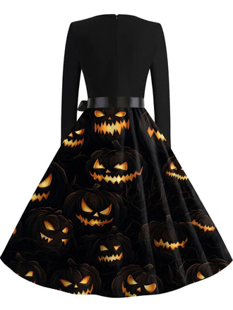 Robe évasée d’Halloween à citrouilles et chauves-souris, col festonné années 1940