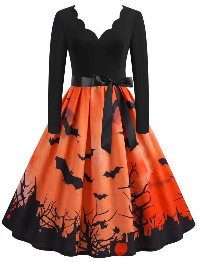 Robe évasée d’Halloween à citrouilles et chauves-souris, col festonné années 1940