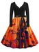 Robe évasée d’Halloween à citrouilles et chauves-souris, col festonné années 1940