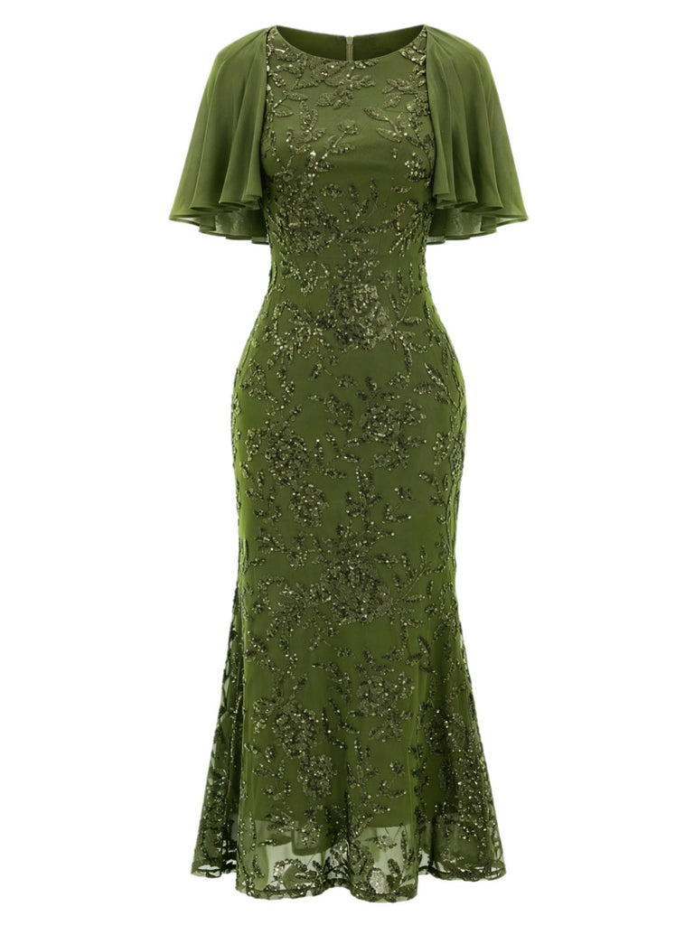 Robe sirène verte à broderies florales à sequins Années 1920 - 2
