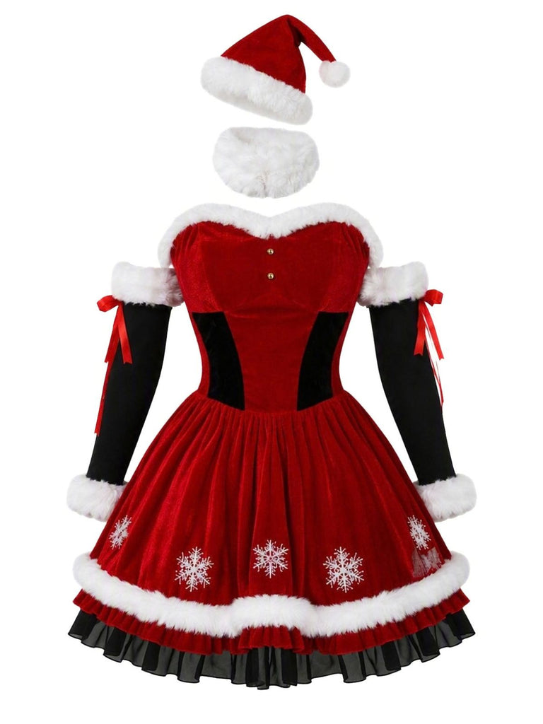 Ensemble robe de Noël rouge en velours à bordure en fourrure, flocons et nœud Années 1950 - 2