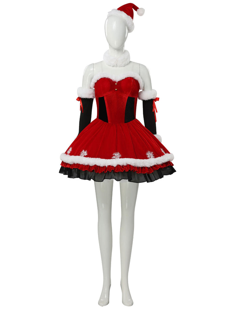 Ensemble robe de Noël rouge en velours à bordure en fourrure, flocons et nœud Années 1950 - 3