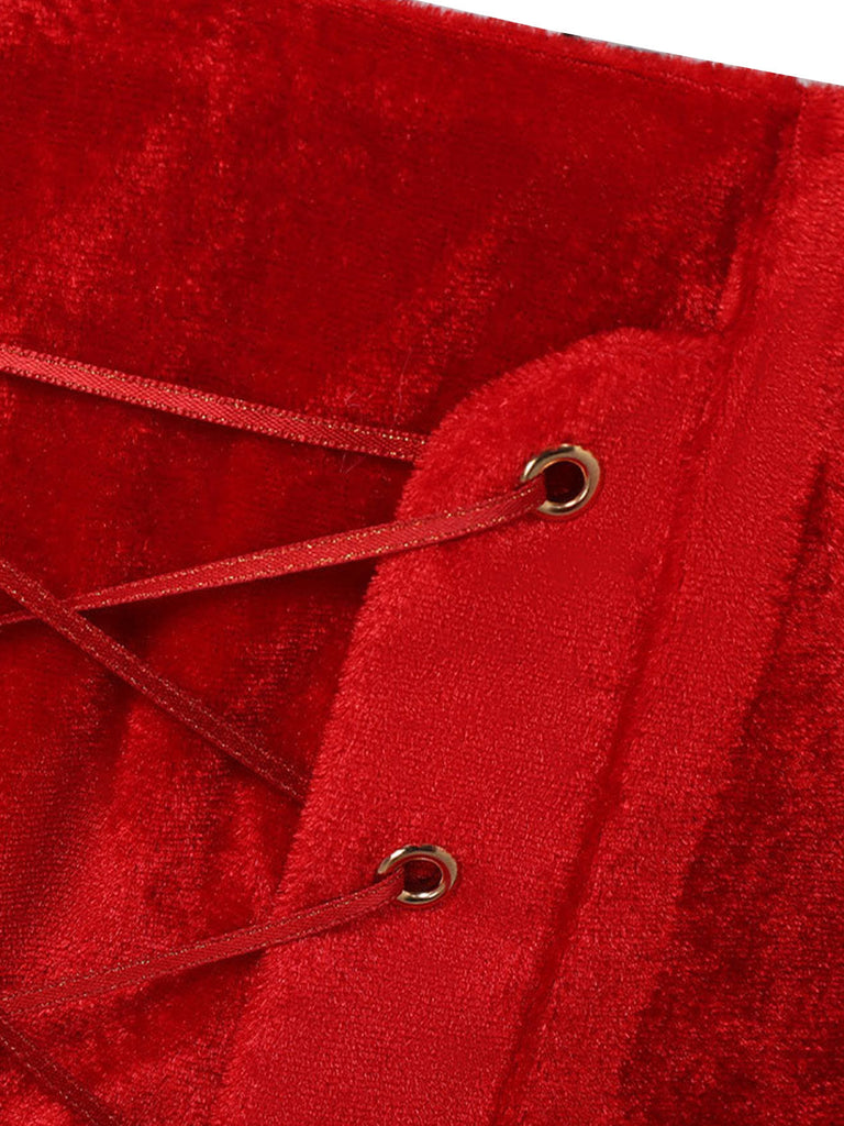 Ensemble robe de Noël rouge en velours à bordure en fourrure, flocons et nœud Années 1950 - 9