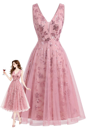 Robe rose en tulle à col V et broderies florales à sequins Années 1950 - 1