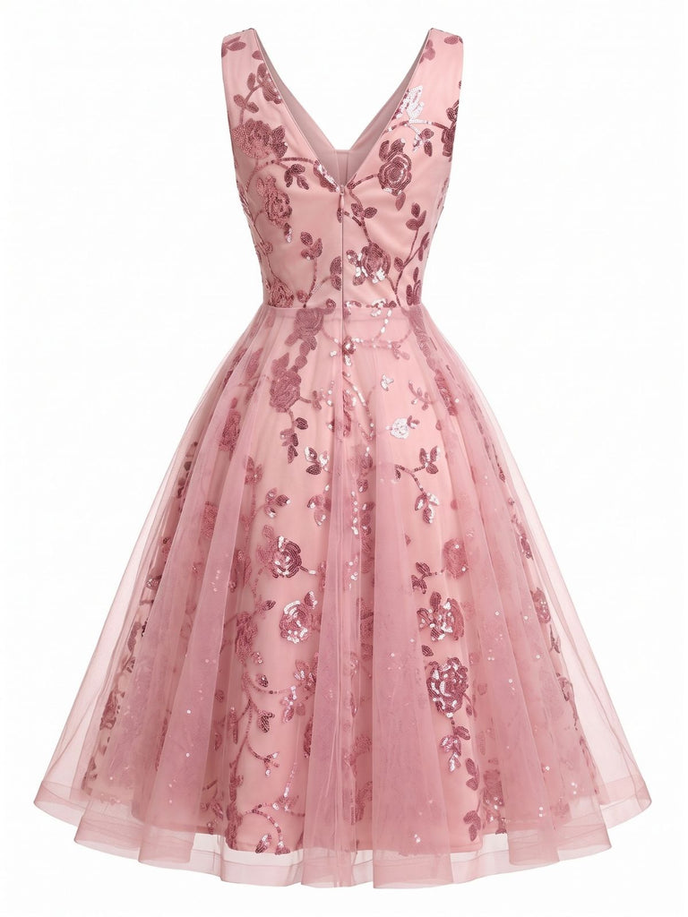 Robe rose en tulle à col V et broderies florales à sequins Années 1950 - 3