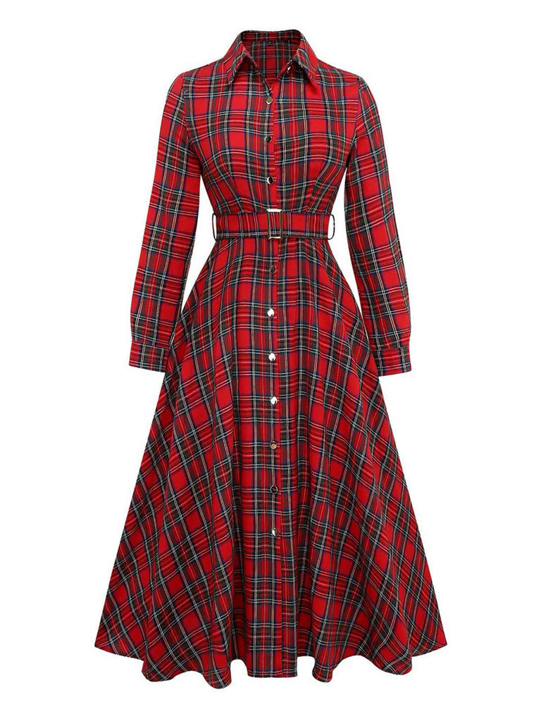 Robe-chemise rouge carreaux dotée d'une ceinture années 1950