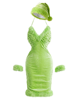 robe dos nu velours vert garniture fausse fourrure années 1960