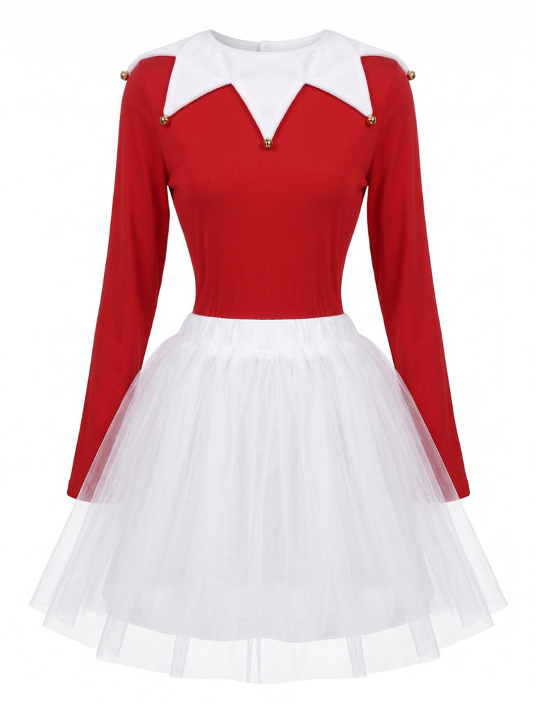 Ensemble de lutin rouge en velours et tulle à col à grelots Années 1980 - 2