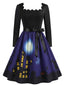 Robe évasée Halloween à maison hantée et col festonné années 1940