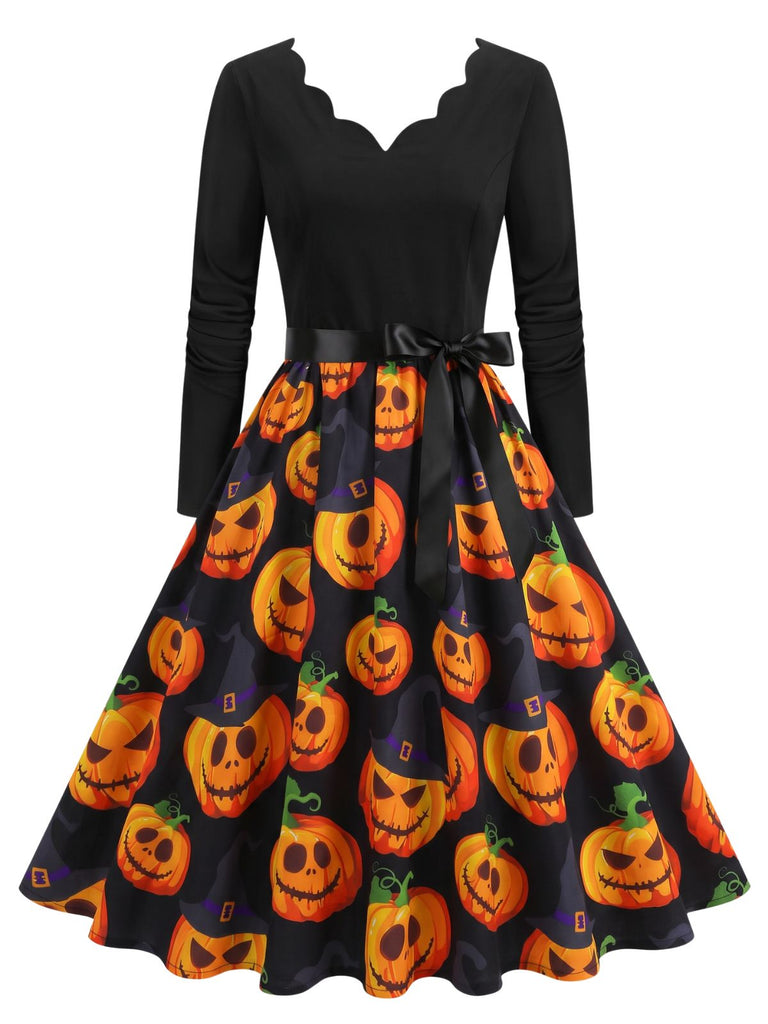 Robe évasée d’Halloween à citrouilles et col pétale années 1940