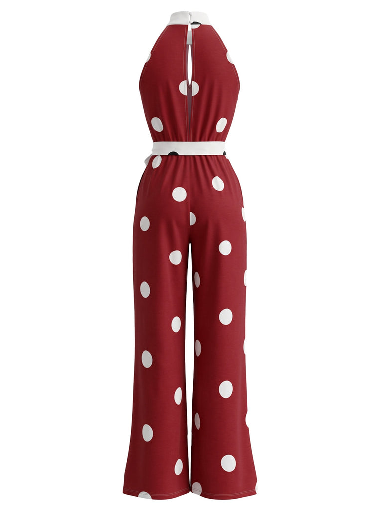 Combinaison pois sans manches encolure américaine jambes larges et ceinture années 1970