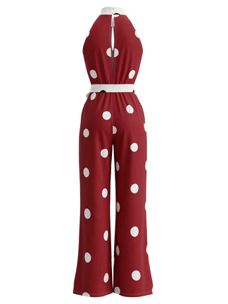 Combinaison pois sans manches encolure américaine jambes larges et ceinture années 1970