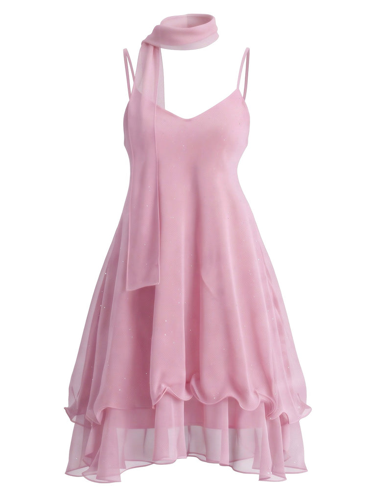 Robe courte en tulle scintillant à volants et foulard assorti Années 1970