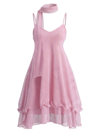 Robe courte en tulle scintillant à volants et foulard assorti Années 1970