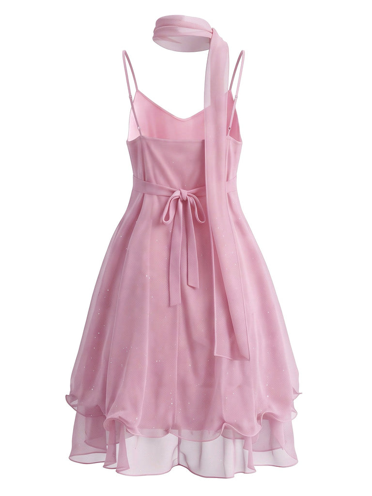 Robe courte en tulle scintillant à volants et foulard assorti Années 1970