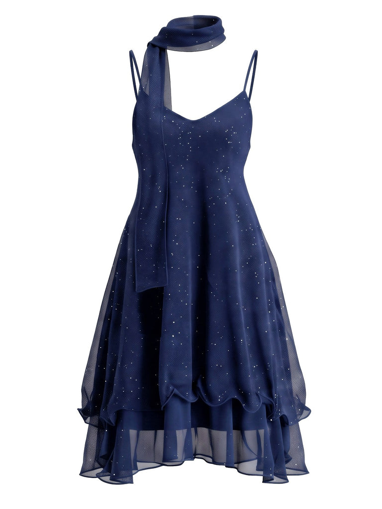 Robe courte en tulle scintillant à volants et foulard assorti Années 1970