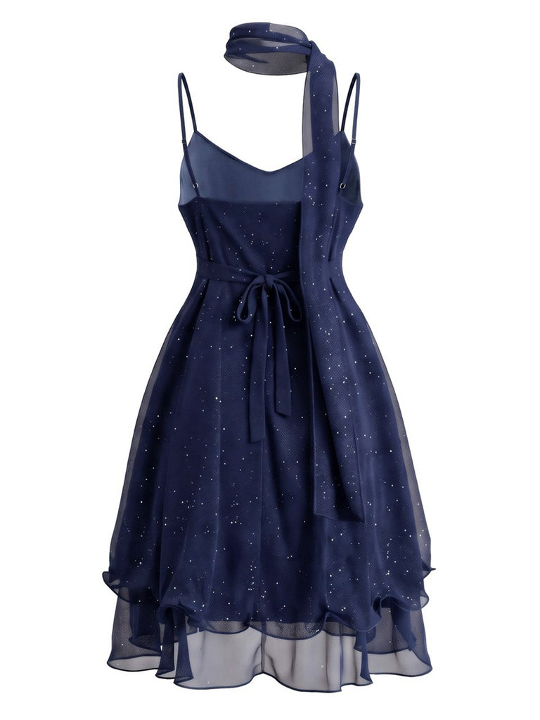 Robe courte en tulle scintillant à volants et foulard assorti Années 1970