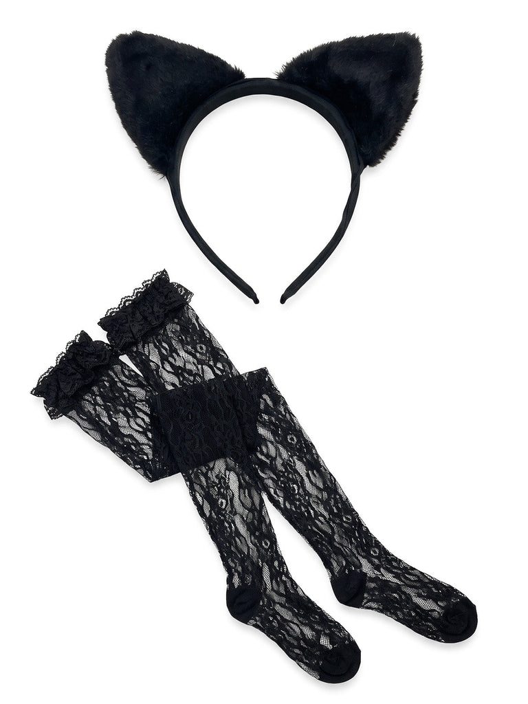 Ensemble robe noire en velours ajouré à nœud et motif chat pour Halloween Années 1980 - 4