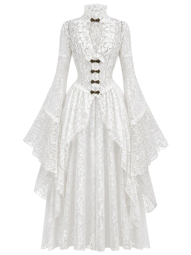 Robe médiévale en dentelle à col haut et manches évasées Années 1940 - 5