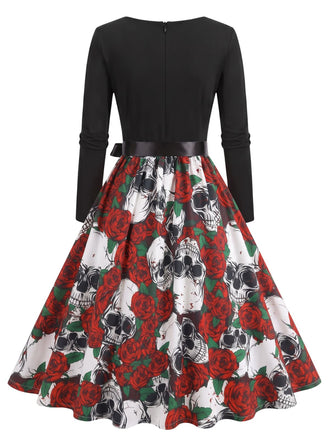 Robe à col rond, manches longues et imprimé Halloween Années 1940 - 2