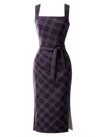 [Prévente] Robe crayon violet foncé à carreaux col carré et ceinture années 1960