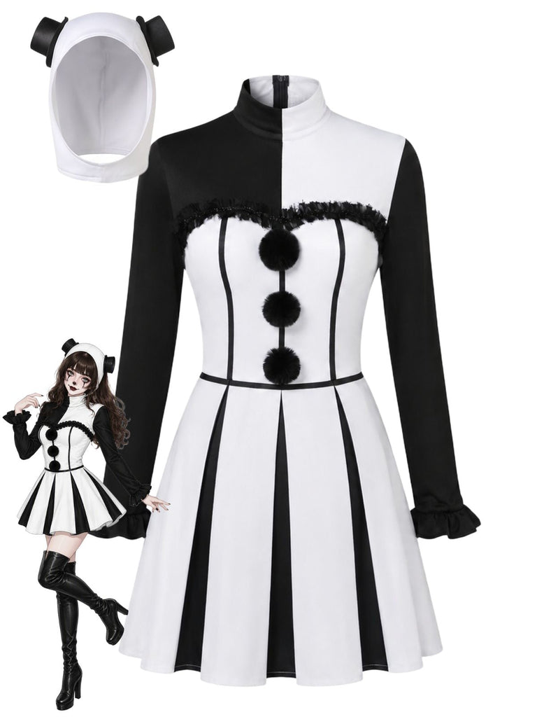 Robe noire et blanche de clown effrayant pour Halloween avec coiffe Années 1960 - 2