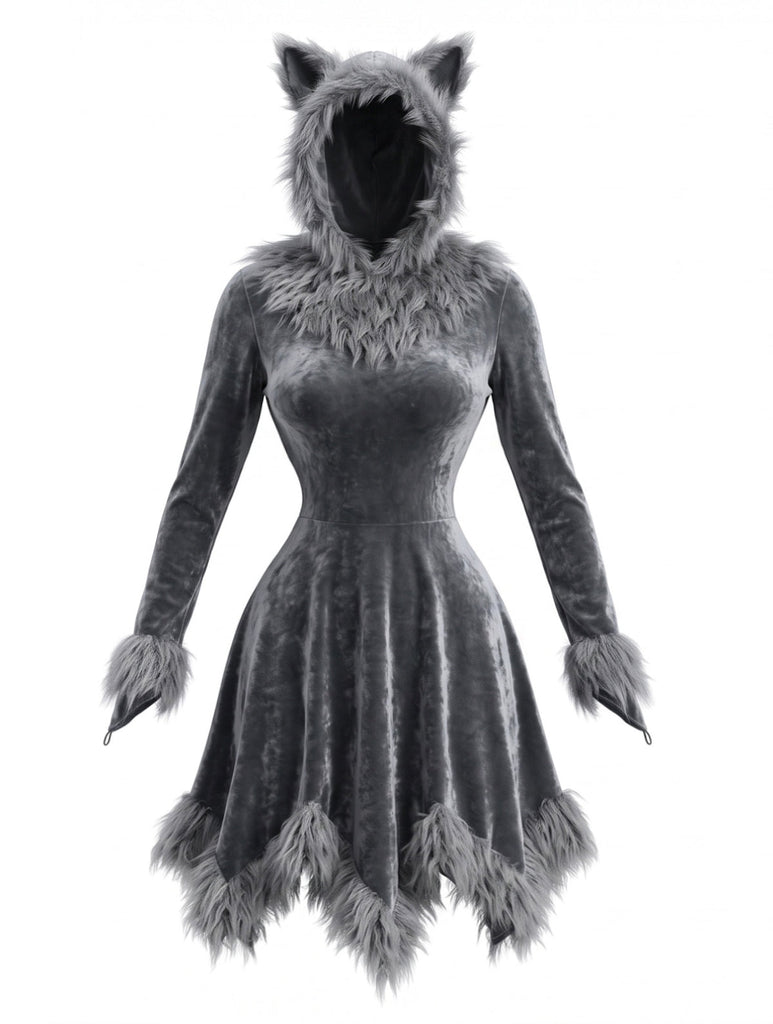 Robe noire de déguisement de loup en fausse fourrure à capuche pour Halloween Années 1980 - 1