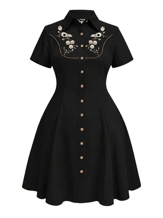 [Prévente] [Grande Taille] Robe noire en coton brodée de fleurs western gothique années 1940