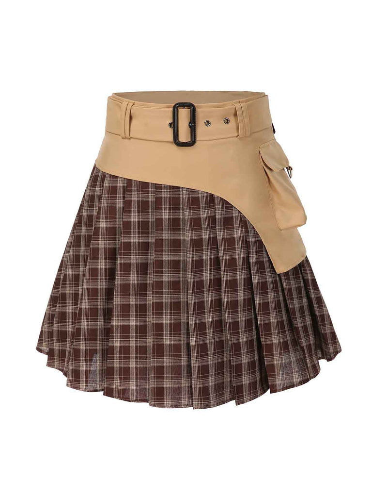 [Pré-vente] 2PCS Veste patchwork à carreaux et jupe plissée kaki et marron années 1960
