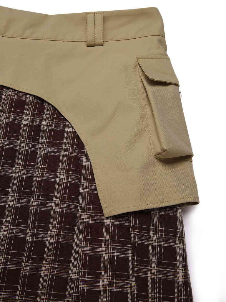 [Pré-vente] 2PCS Veste patchwork à carreaux et jupe plissée kaki et marron années 1960