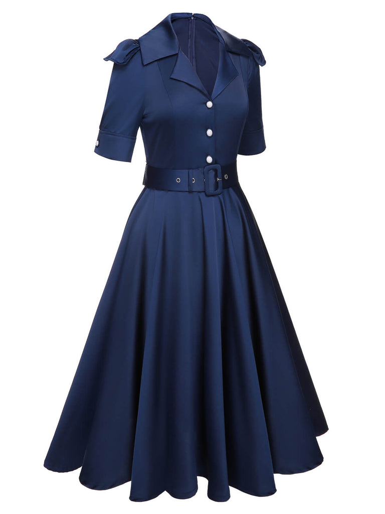 Robe à revers bleue unie à manches courtes des années 1940