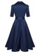 Robe à revers bleue unie à manches courtes des années 1940