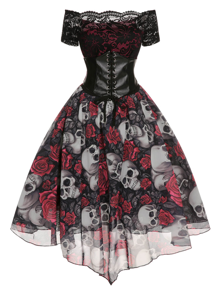 Robe en maille en dentelle rose crâne d'Halloween des années 50